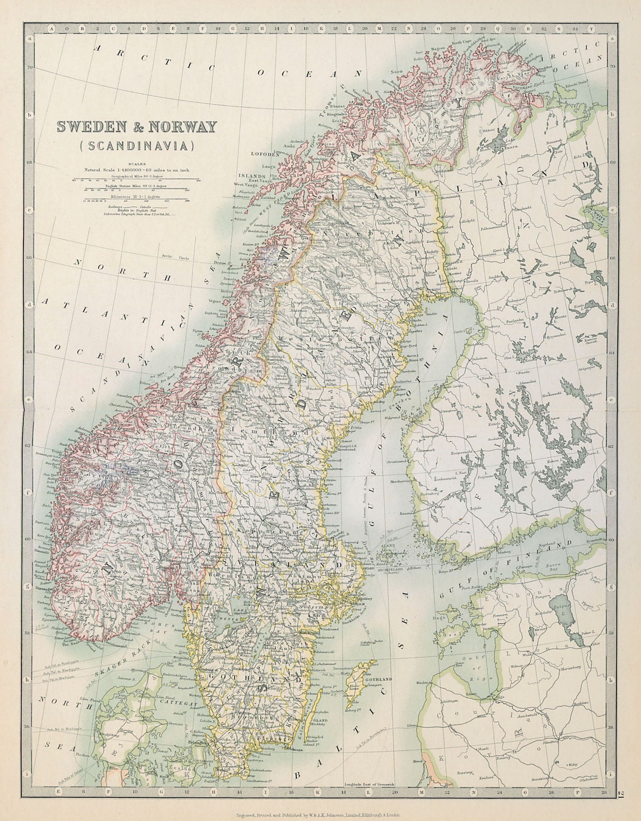 SCANDINAVIA. Sweden & Norway. Gulf of Bothnia. JOHNSTON 1915 old antique map
